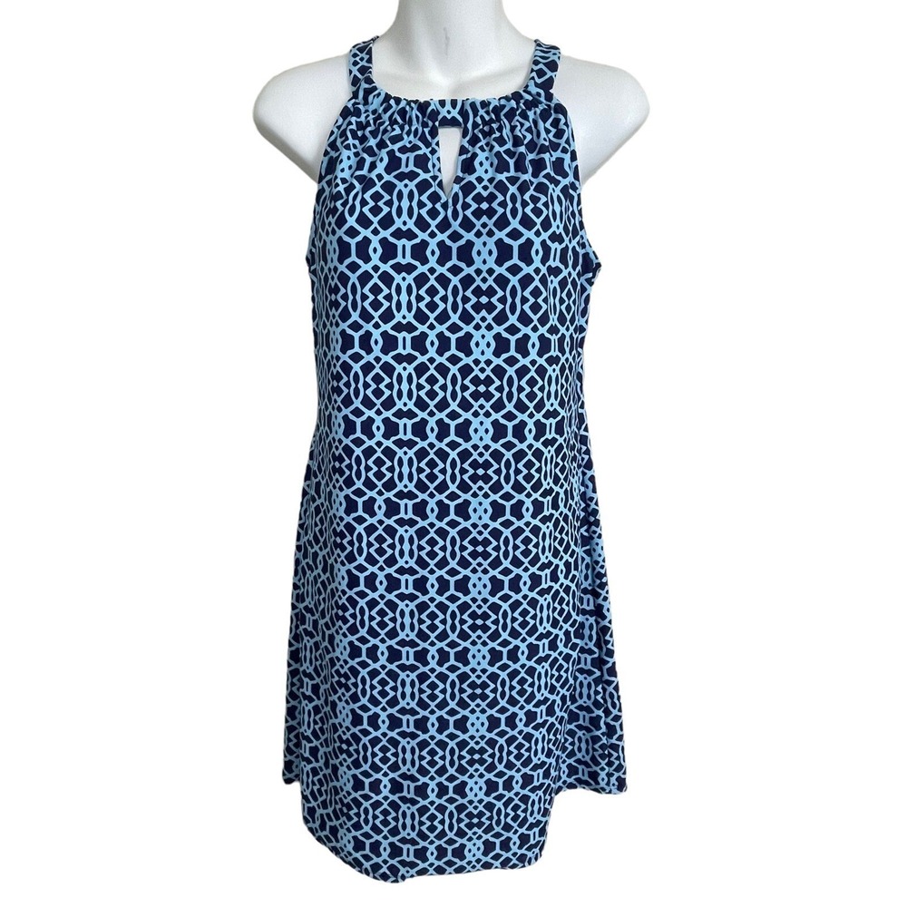Jude Connally Halter Dress Women S Blue Coastal Mod Geometric Keyhole Resort